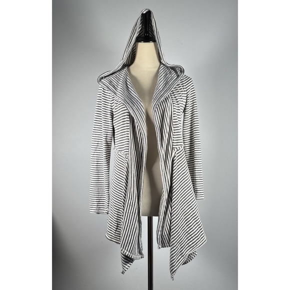 Max Studio Weekend Striped‎ Hooded Cardigan M Beachy Nautical Coastal Boho Wrap - Picture 3 of 7